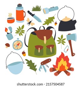 Set of hand drawn hiking, travel and picnic icons with various equipment and elements such as backpack, bowler hat, tools, campfire, compass and others. Vector illustration in cartoon style.