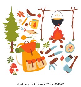 Set of hand drawn hiking, travel and picnic icons with various equipment and elements such as backpack, pot, tools, campfire, compass, some food and others. Vector illustration in cartoon style.