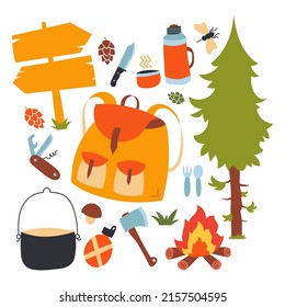 Set of hand drawn hiking, travel and picnic icons with various equipment and elements such as backpack, pot, tools, campfire and others. Vector illustration in cartoon style.