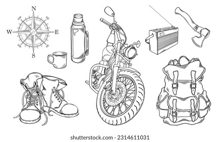 Set of hand drawn hiking and travel elements isolated on white background. Road trip concept. Moto travel. Wanderlust. Adventure. Vector illustration engraving style
