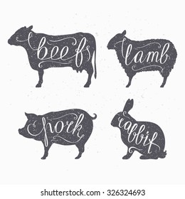 Set of hand drawn hipster farm animals silhouettes. Beef, lamb, pork, rabbit meat hand lettering. Butcher shop design template for craft meat packaging. Craft style. Vector illustration