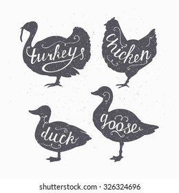 Set of hand drawn hipster style farm birds silhouettes. Chicken, turkey, goose, duck meat hand lettering. Butcher shop design template for craft meat packaging. Craft style. Vector illustration