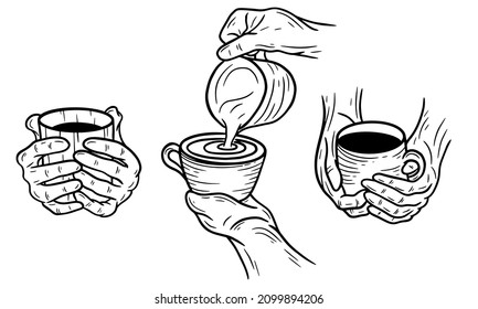 Set Hand Drawn Hold Coffee Cream beverage Dessert Shop Glass Cup Menu Cafe Restaurants illustration