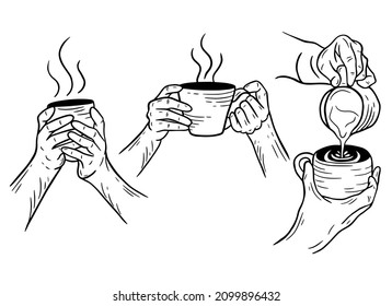 Set Hand Drawn Hold Coffee Cream Bebida Dessert Shop Glass Cup Menú Cafe Restaurantes ilustración