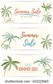 Set of hand drawn holiday banners. Summer vector illustration of palms can be used as invitation, postcard, menu, flyer or website decoration. Life is better at the beach