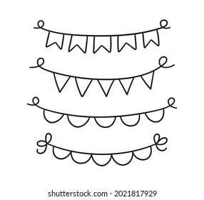 Set of hand drawn holiday buntings. Doodle birthday garland of flags. Children doodle drawing. Isolated vector illustration on white background.