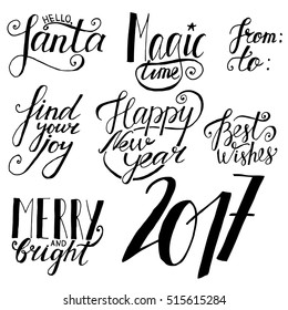 Set of hand drawn holiday lettering. Christmas and New Year phrases. Ink illustration. Isolated on white background.