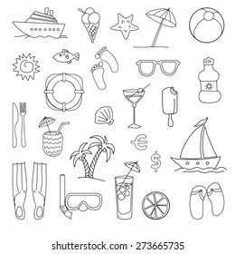 Set of hand drawn holiday, travel icons, vector illustration