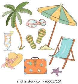 Set of hand drawn holiday travel elements. Summer vector illustration of umbrella, sunbed, palm, shell, travel bag, sunglasses, hat can be used as invitation, menu, banner or website decoration.