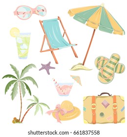 Set of hand drawn holiday travel elements. Summer vector illustration of umbrella, sunbed, palm, shell, travel bag, sunglasses, hat can be used as invitation, menu, banner or website decoration.