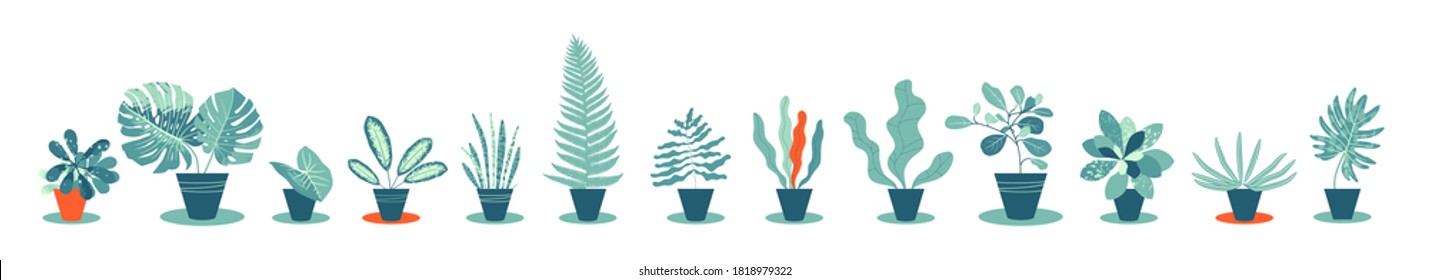 Conjunto de plantas de hogar dibujadas a mano en ollas. Ilustración plana simple de plantas cerámicas. Diseño moderno con hojas de monastera y plantas tropicales. Impresión artística de la moda. Ilustración del vector EPS10