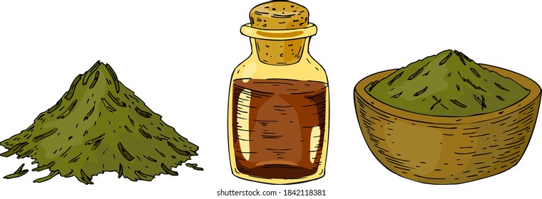 Set of hand drawn homeopathic and alternative medicine design elements. Dried herbs, mixture bottle, bowl with treatment. Vector illustration in sketch stile