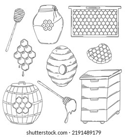 Set of hand drawn honey, beekeeping and apiary isolated on a white background. Doodle, simple outline illustration. It can be used for decoration of textile, paper.