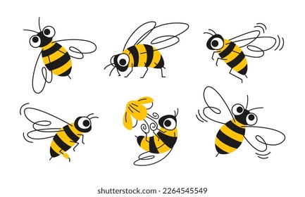 Set of hand drawn honey bees in different poses. Vector isolated doodle illustration