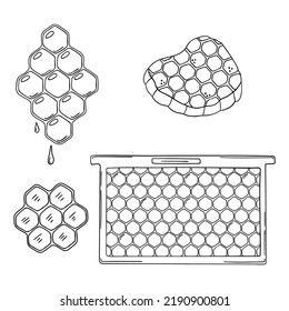 Set of hand drawn honey, honeycomb isolated on a white background. Doodle, simple outline illustration. It can be used for decoration of textile, paper.