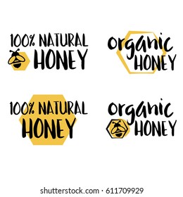 Set of Hand drawn honey organic product hundred percent natural black and yellow badges stickers vectors with bees
