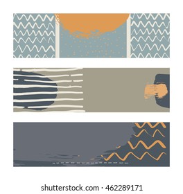 Set of hand drawn horizontal banners, decorated with liquid ink brush splashes, stripes, strokes and spots. Isolated on white background vector illustration in blue and brown.