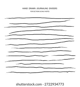 Set von handgezeichneten horizontalen Trennlinien mit organischer Tintenstruktur, geeignet für Zeitschriften, Planer, Tagesnotizen, Schreibwarendesign und minimalistische Layouts.