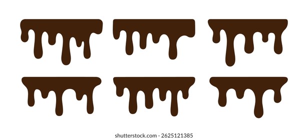 Set of hand drawn horizontal drip of chocolate, glaze, milk, ice cream, gelato, syrup. Outline, silhouette of dripping drop from cake, dessert, isolated on white background in flat style. Vector EPS10