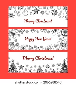 Set of hand drawn horizontal Happy New Year and Merry Christmas greeting cards with stars and Christmas trees. Vector illustration in sketch style