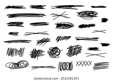 Conjunto de líneas marcadoras Horizontales dibujadas a mano, rayas, pinceladas, tachados, subrayados, rayas, manchas. Ilustración vectorial de garabatos texturizados en negro sobre fondo blanco aislado.