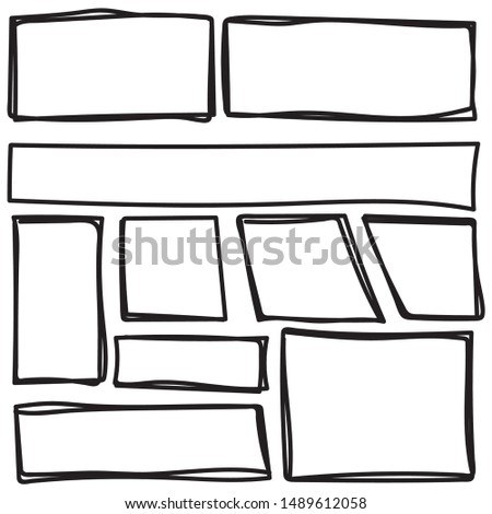 Set of  hand drawn horizontal and vertical rectangles and squares drawn by felt-tip pen. Text box and frames. Vector illustration. 