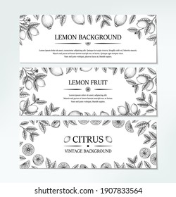 Set of hand drawn horizontal vintage lemon banners. Vector illustration in sketch style isolated on white. Print, package, card design.