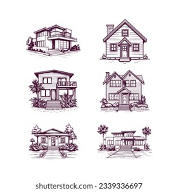 set of hand drawn house isolated on white background