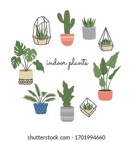 Set of hand drawn house plant, flowers in Scandinavian style, different pots, indoor, home decoration. Vector illustration isolated on white background. 