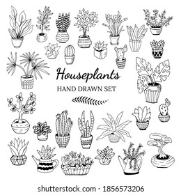 Set of hand drawn house plants in pots. Big set cute of hand drawn house plants in pots including cactus, dracena, aloe and others, and garden tools. Vector collection of doodle plants.