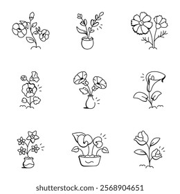 Set of Hand Drawn Houseplants and Flowers Icons 

