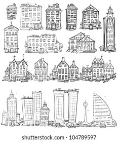 Set of hand drawn houses, doodled city, town doodles set
