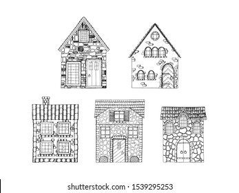 Set of hand drawn houses isolated on white background. Vector illustration.