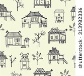 Set of Hand drawn houses. Oriental countryside cottage in vector. Seamless pattern.
