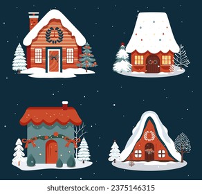 Set of hand drawn houses. Scandi christmas illustration, cute houses in cartoon style.