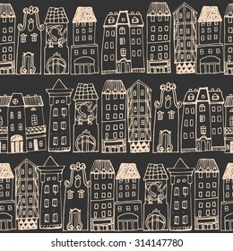 Set of Hand drawn houses. Seamless pattern with hand-drawn European architecture. 