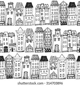 Set of Hand drawn houses. Seamless pattern with hand-drawn European architecture. 