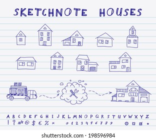 Set of hand drawn houses. Vector sketchnote design