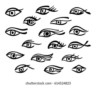 Set of hand drawn human eyes. Monochrome drawing elements isolated on white background. Vector illustration.