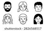 Set of hand drawn human faces with diverse hairstyles and facial features in doodle style