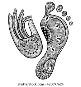 Set of Hand drawn Human Footprint and Yoga Mudra Hand. Ethnic Vector illustration in zentangle style  isolated on white background. Sketch for adult anti stress coloring pages, tattoo, t-shirt