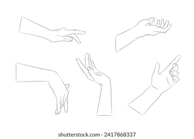 Set of hand drawn human hands with different gestures. Hand outline with an empty contour. Vector illustration