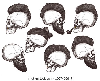 Set of hand drawn human skull with trendy haircut, mustache and vintage smoking pipe in the profile. Vector sketch engraving collection barbershop illustration