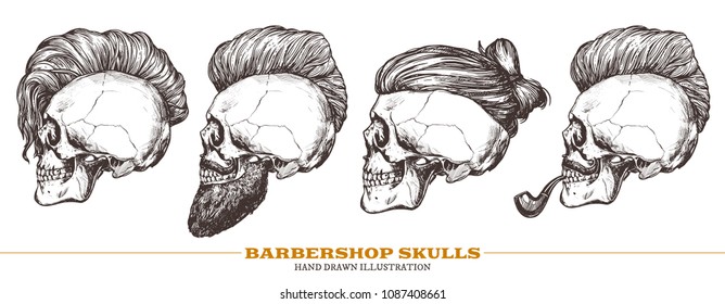 Set of hand drawn human skull with trendy haircut, mustache and vintage smoking pipe in the profile. Vector sketch engraving collection barbershop illustration