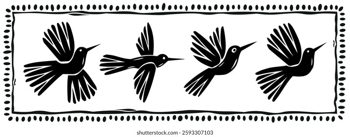 Set of hand drawn hummingbirds in woodcut style. Vector illustration with isolated and editable objects.