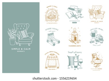 Set of hand drawn hygge logos. Cute doodle illustrations in scandinavian style. Perfect for greeting card, posters, stickers. Vector illustration.