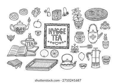 Set of hand drawn hygge tea utensils, food and home decor doodle icons. Cozy rustic kitchen items line art bundle vector illustration..