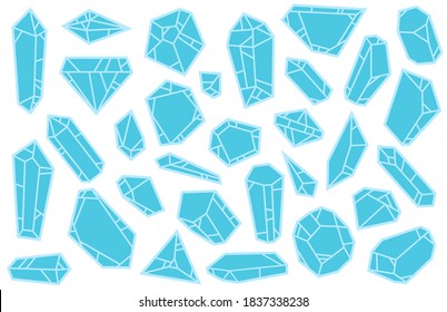Conjunto de cristales azules dibujados a mano o piedras diferentes formas en estilo de caricatura geométrica minimalista. Elementos gráficos Doodle aislados en fondo blanco. Ilustración vectorial.
