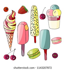 Set of hand drawn ice cream on white background