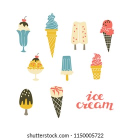 Set of Hand Drawn Ice Cream Isolated on White Background.